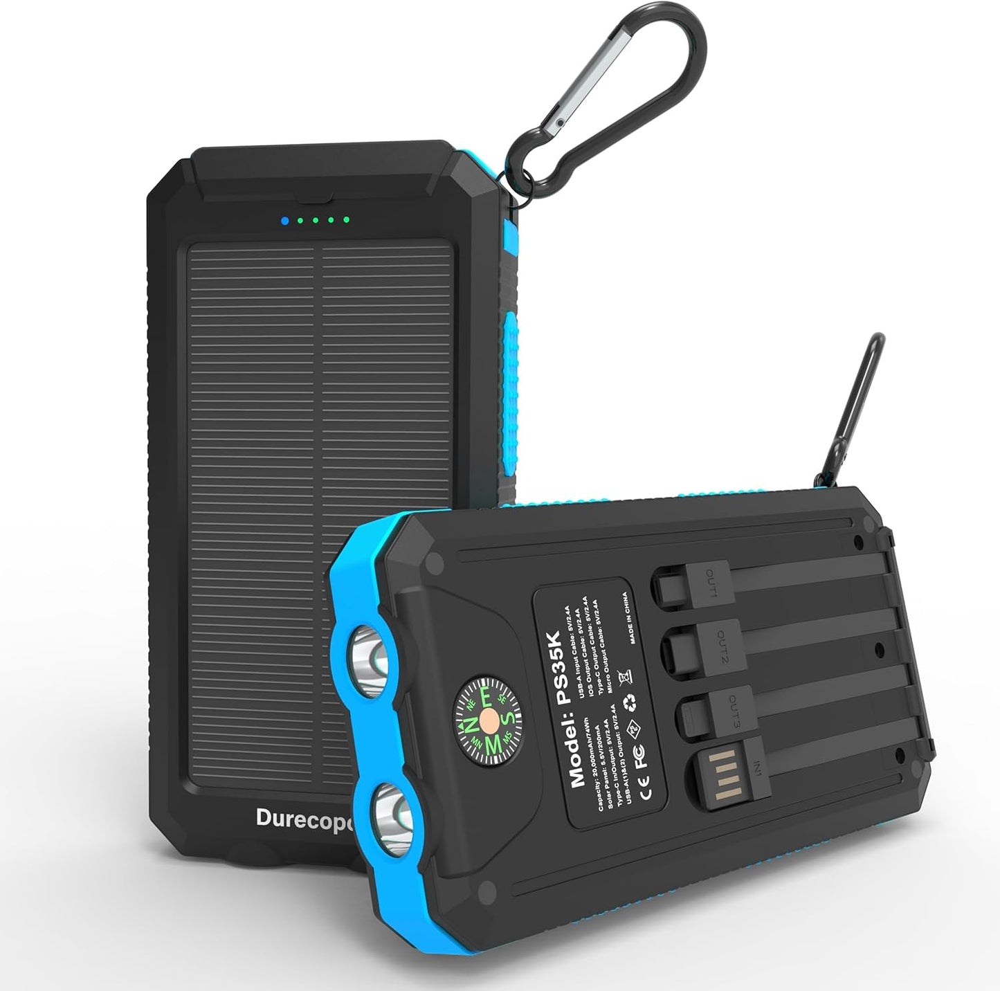 Solar Charger Power Bank 20,000mAh, Portable Charger, 4 Cables 3 Ports Fast Charging External Battery Pack with USB C for Cell Phones, Solar Panel Charger with Dual Flashlight for Camping