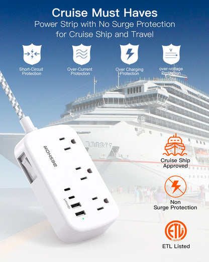 Flat Extension Cord, BESHON 5FT Flat Plug Power Strip with USB C, 6 Outlets 4 USB Port(2 USB C), No Surge Protector, Cruise Ship, Dorm Room Travel Essentials