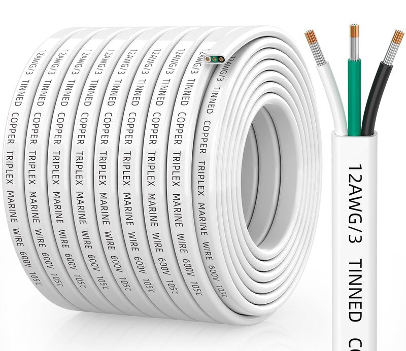 CONEPY 12 Gauge Marine Wire, 12/3 Triplex Marine Grade Cable, IP68 Waterproof/Oxygen-Free Tinned Copper Stranded PVC 12 AWG Wire for Boat, Automotive, RV, Solar, LED Strips (50FT)
