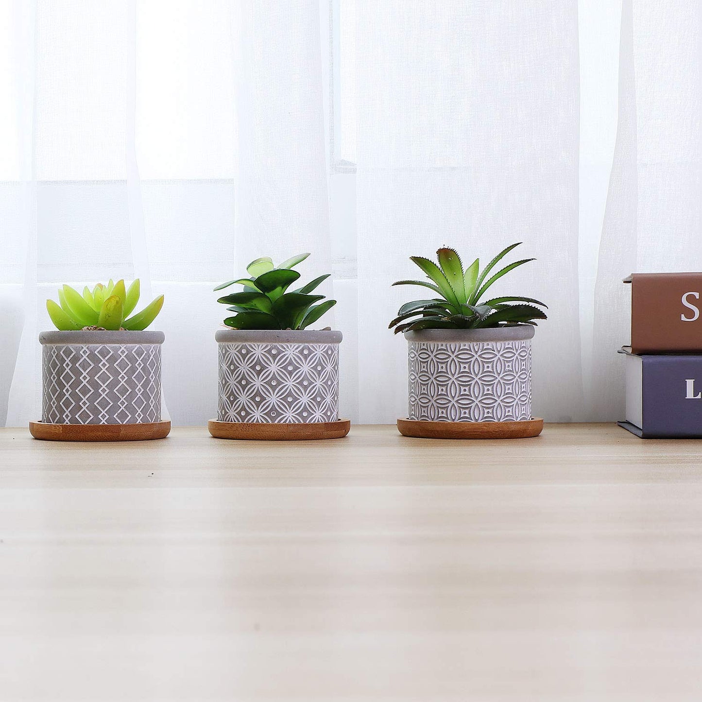 T4U 6CM Cement Succulent Pots with Bamboo Tray 3-Set, Concrete Cactus Pots Small Cacti Planter Grey Gardening Plant Pot Container for Home and Office Decoration Birthday Wedding
