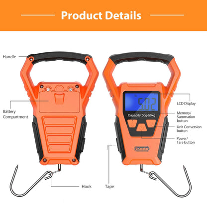 Dr.meter Fish Scale Waterproof: Luggage Weight Scale with Bigger Handle and Hook Upgraded IPX7 110lb/50kg Backlit LCD Display Digital Hanging, Built-in Tape, Battery Included, Fishing Gifts for Men