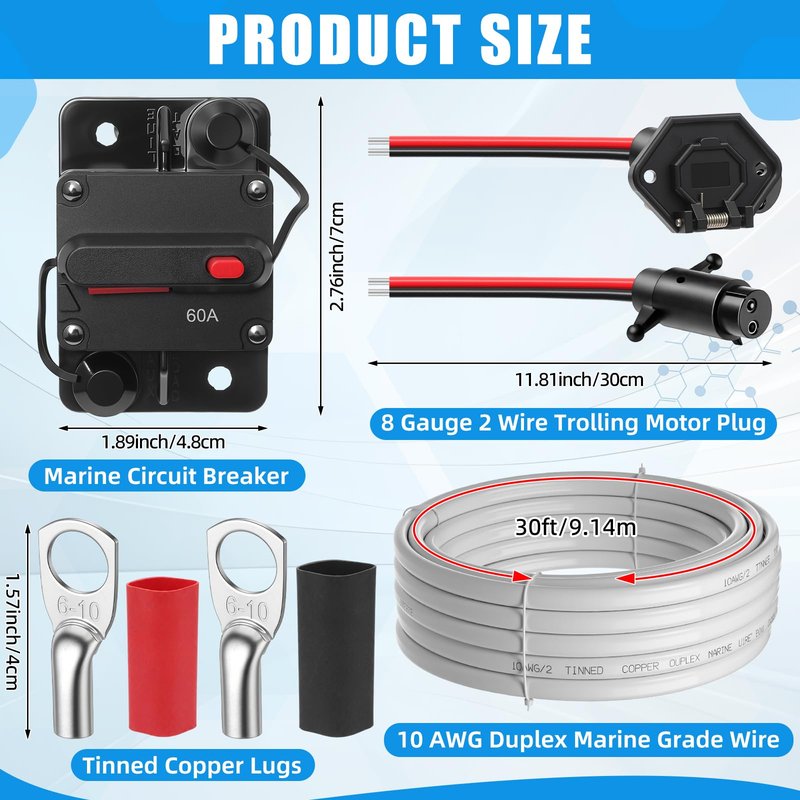 Saysurey 13 Pcs 10 Gauge 30ft Duplex Tinned Copper Marine Wire, 12v-24v 8 Gauge 2 Wire Trolling Motor Plug and 12v-48v 60amp Circuit Breaker and 4 Awg 3/8 Ring Marine Grade Copper Wires Lugs for Boat
