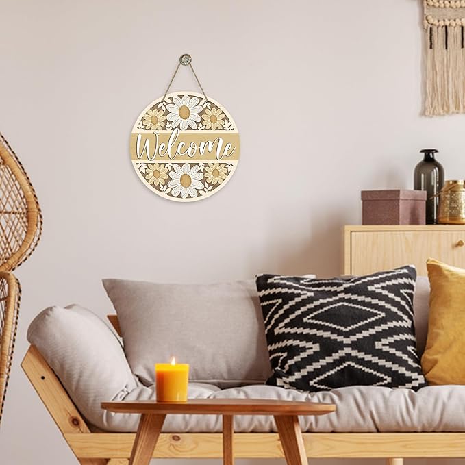 Deroro Welcome Spring Summer Daisy Flower Front Door Sign, Yellow Floral Farmhouse Wood Door Hanger Outdoor Outside Porch Decor, Rustic Seasonal Wooden Wreath Indoor Wall Hanging Decoration