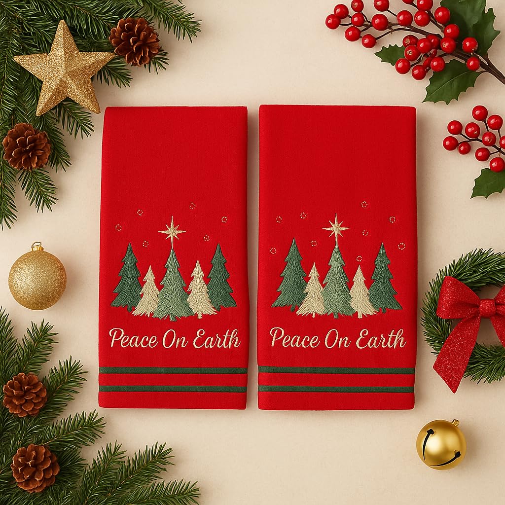 Serafina Home Christmas Hand Towels for Bathroom – Set of 2 Red 100% Cotton Embroidered Christmas Trees & “Peace On Earth” Phrase Design – 25 x 16” Decorative Holiday Bath & Kitchen Towels
