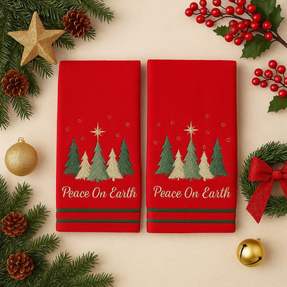 Serafina Home Christmas Hand Towels for Bathroom – Set of 2 Red 100% Cotton Embroidered Christmas Trees & “Peace On Earth” Phrase Design – 25 x 16” Decorative Holiday Bath & Kitchen Towels