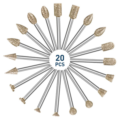 Diamond Grinding Burr Bit Set，20Pcs Rotary Tool Accessories Stone Carving Set with 1/8 inch Shank for Stone Ceramic Glass Carving, Grinding, Polishing, Engraving, Sanding
