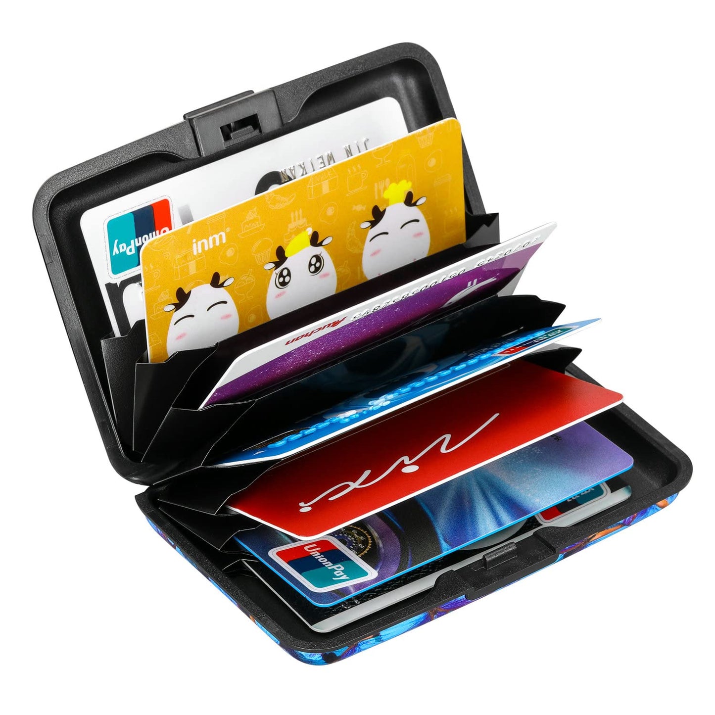 ELFISH RFID Blocking Credit Card Protector Aluminum ID Case Hard Shell Business Card Holders Metal Wallet for Men or Women (Blue Butterfly)