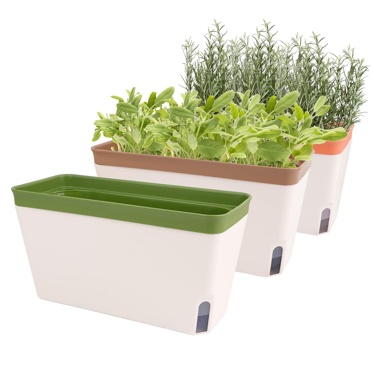 Fayavoo Self Watering Plant Pots, Set of 3 10.5 Inch Rectangular Windowsill Herb Planter Box, Modern Plastic Flower Pots for Indoor Outdoor Garden Office Patio, Planters with Drainage Hole Hidden Tray