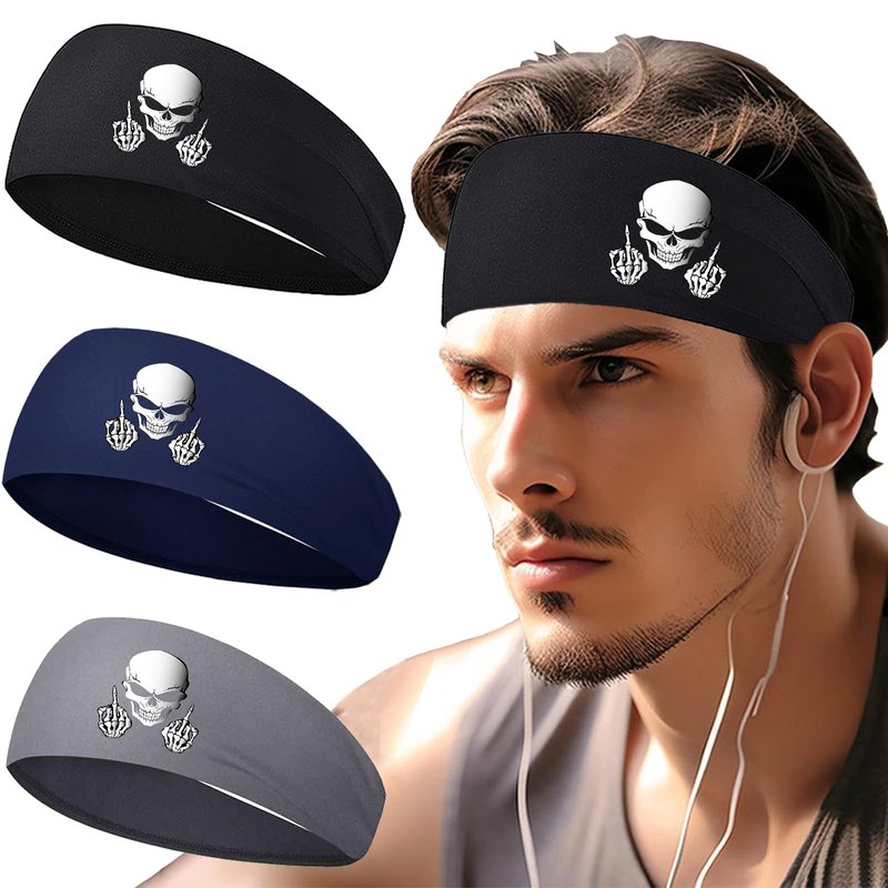 Mens Headbands Sweat Bands 3 Pcs Sweatbands for Men Women Sport Workout Cooling Headbands for Men Running Head Band Hair Band Skull Non Slip Men's Headband for Sweat Yoga Gym Tennis Skateboard Gifts