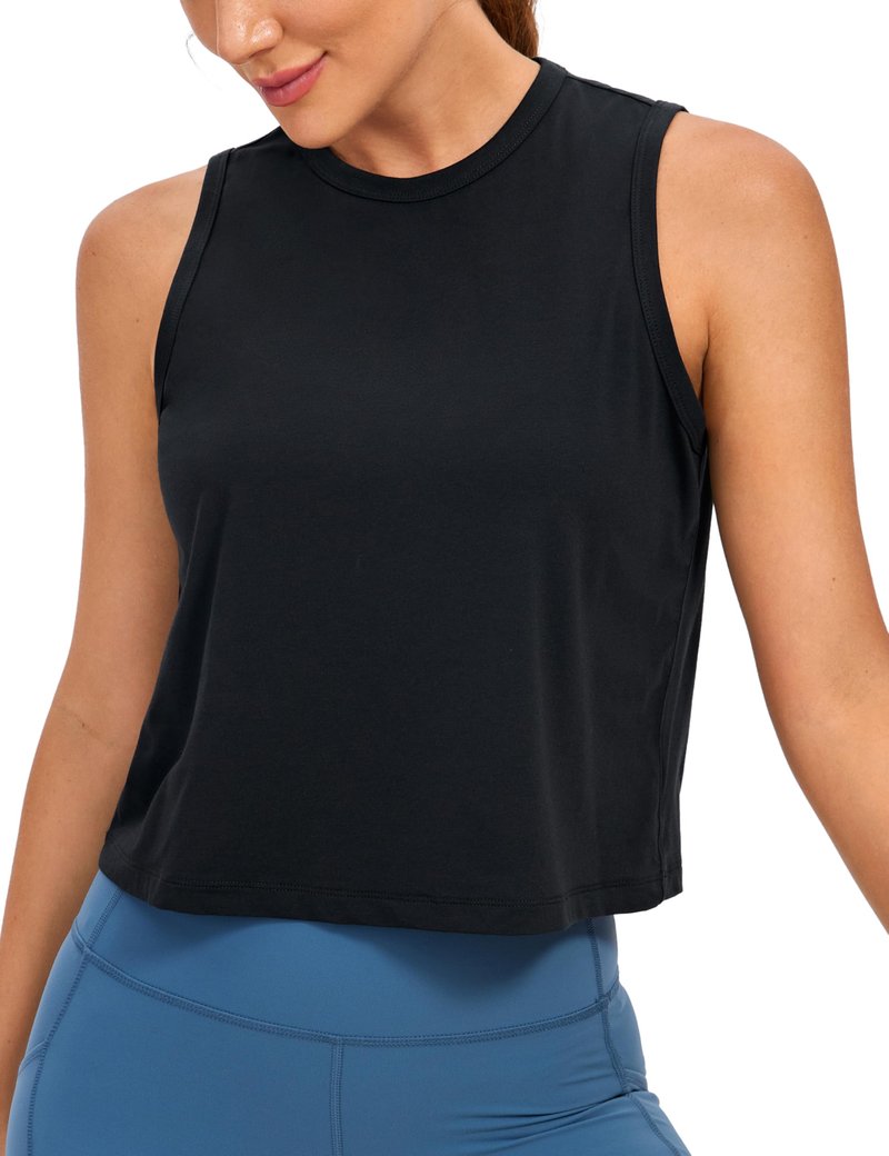 CRZ YOGA Pima Cotton High Neck Cropped Tank Tops for Women Soft Crop Workout Athletic Yoga Basic Sleeveless Shirts Black Medium