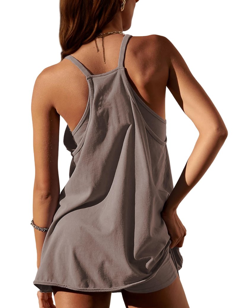 Lentta Womens Athletic Sleeveless Mini Dress with Built-in Shorts V Neck Spaghetti Strap Sundress(LightCoffee-S)
