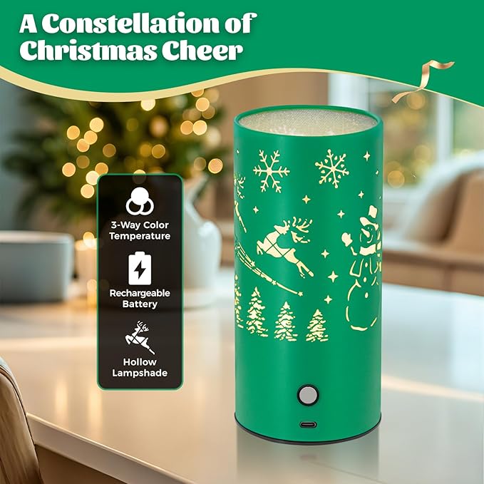 Christmas Table Lamp with Hollow-Out Design - Rechargeable Touch Control Dual Color LED, Warm/Cool White Metal Decor for Home Desk Party, 1200mAh Battery(Greed)