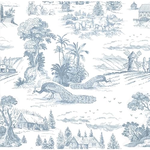 Abyssaly Toile Peel and Stick Wallpaper Floral Blue and White Wall Paper Vintage French Country Animal Self-Adhesive Contact Paper for Farmhouse Cabinets Drawers Liner DIY Decor, 17.3"¡¿78.7"