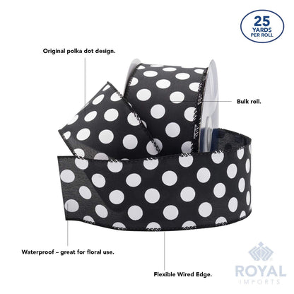 Royal Imports Polka Dot Ribbon, 2.5" (#40) Christmas Ribbon Circle Design for Floral, Craft, Holiday Decoration, 25 Yard Roll (75 FT Spool) - Black/White