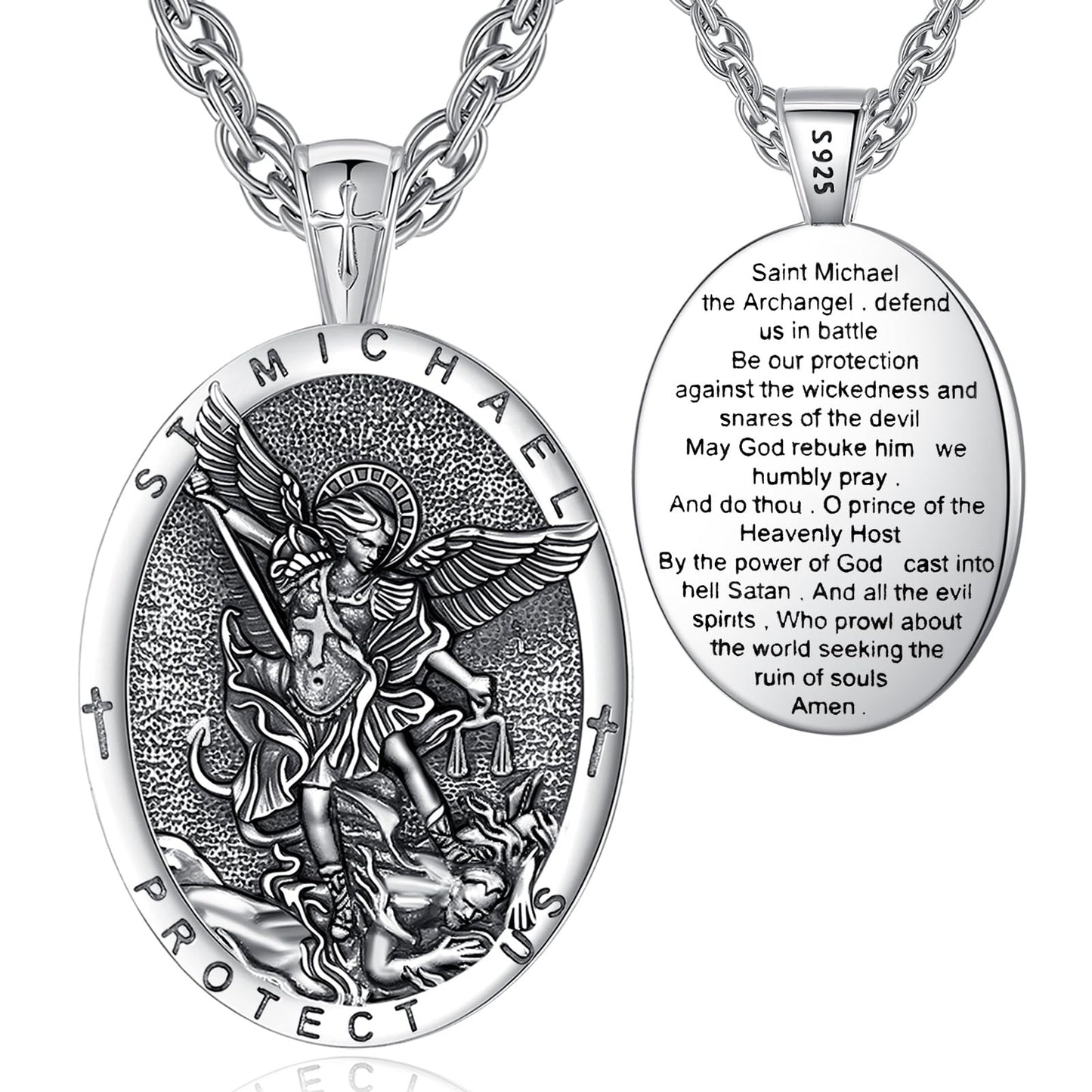 EUDORA St Saint Michael Necklace Medal for Women Men S925 Sterling Silver, Archangel St Michael Pendant for Protection Medalla de San Miguel Arcangel Christian Jewelry Gifts for Mens Women, 22"+2"