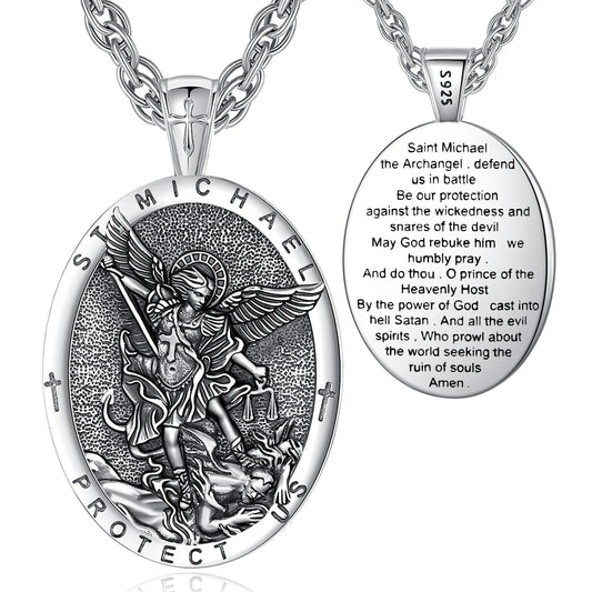EUDORA St Saint Michael Necklace Medal for Women Men S925 Sterling Silver, Archangel St Michael Pendant for Protection Medalla de San Miguel Arcangel Christian Jewelry Gifts for Mens Women, 22"+2"