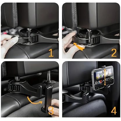 Car Headrest Hook with Phone Holder, Universal 360 Rotation Headrest Hooks for Purses and Bags (Black)