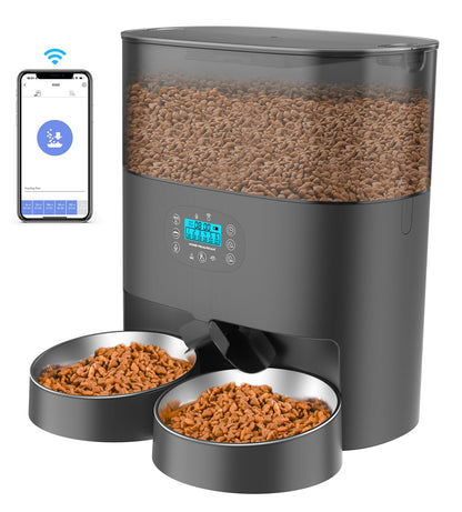 HoneyGuaridan 6L Automatic Cat Feeder for 2 Cats, 2.4G WiFi Enabled Smart Feed Automatic Pet Feeder for Cats & Dogs, Timed Pet Food Dispenser with Stainless Steel Bowl APP Control, 10s Voice Recorder