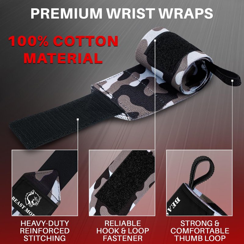 TECEUM Weightlifting Wrist Wraps with Thumb Loop – Black Camo – Arms on Fire – 12 inch – Heavy-Duty Workout Wrist Support & Protection – Ideal for Powerlifting, Strength Training, Bodybuilding