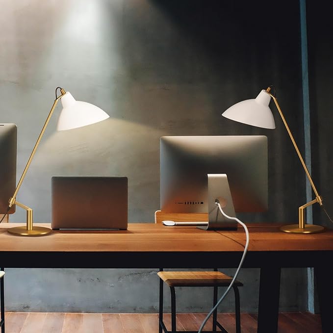 Desk Lamp Modern Industrial 100% Metal Table Lamp 22", Soft White Light (3000K) with Adjustable Switch, Ideal for Office Bedroom Study Room Living Room Nightstand Bedside Lamps White+Brass