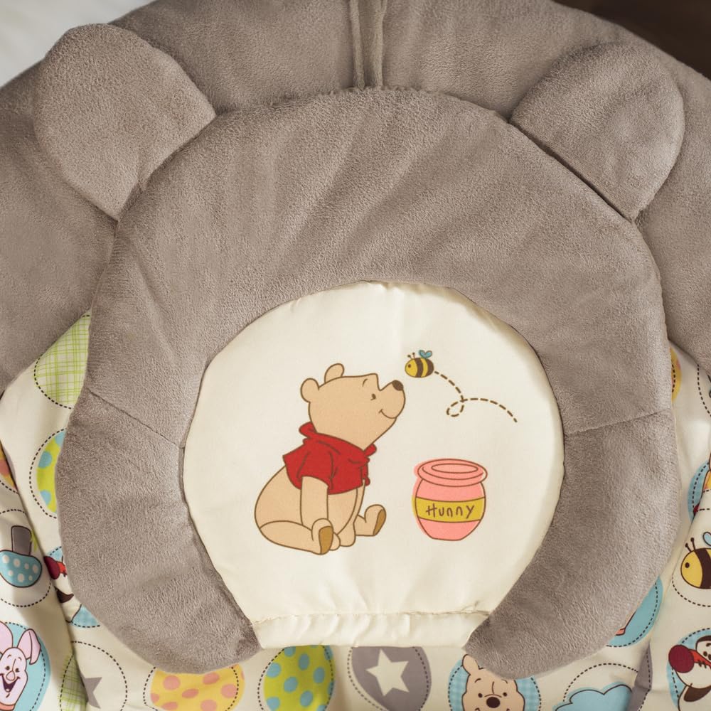 Bright Starts Disney Baby Winnie The Pooh Baby Bouncer Soothing Vibrations Deluxe Infant Seat - Faux Suede, Music, Removable -Toy Bar, 0-6 Months 6-20 lbs (Dots & Hunny Pots)