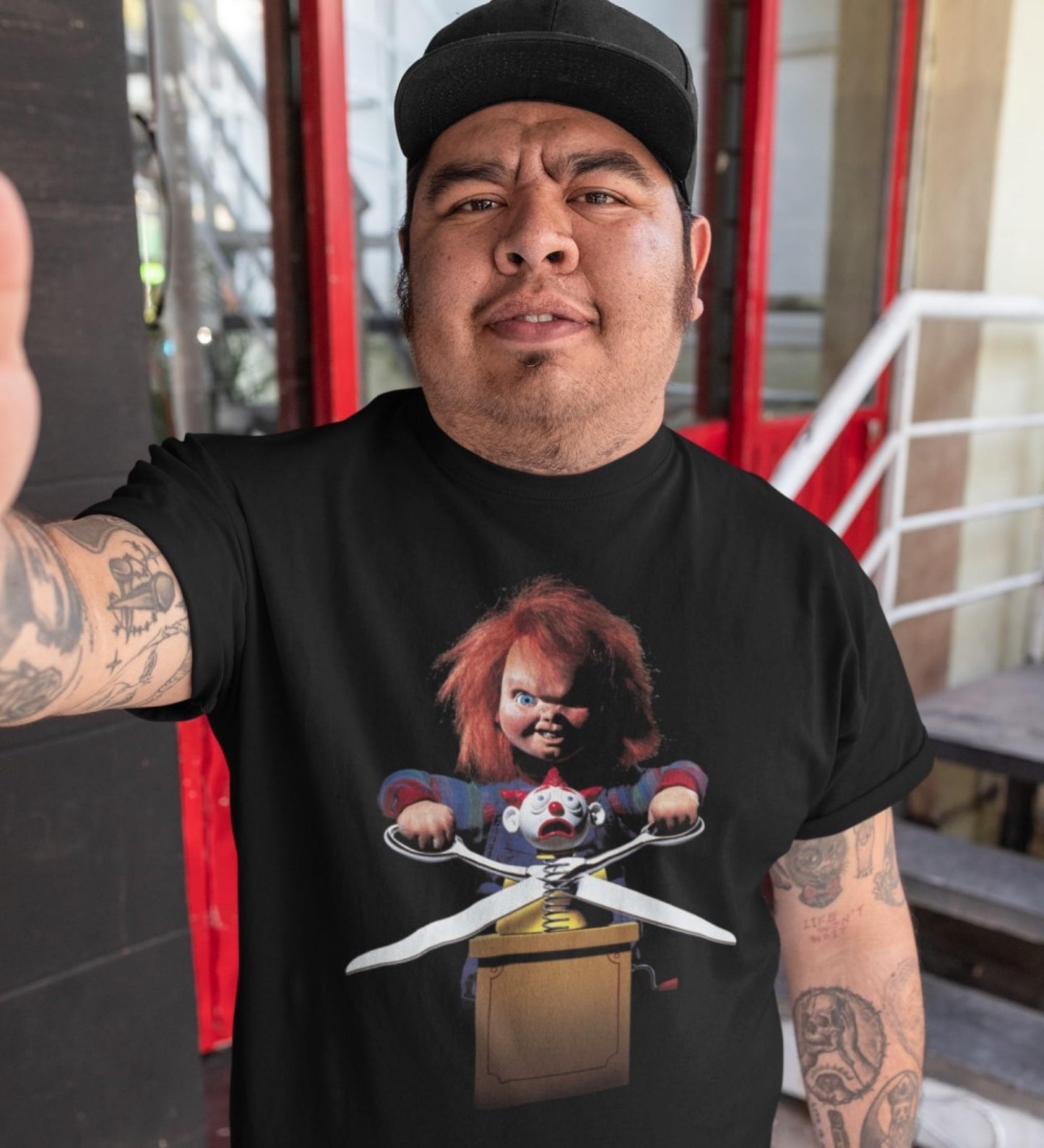 Ripple Junction Chucky Men's Short Sleeve T-Shirt Chucky's Back with Scissors Child's Play Horror Movie Slasher Film L Black