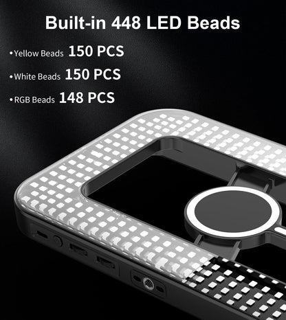 Double-Sided Magnetic Phone Ring Flash with Mini Tripod Stand,448 LED 6000mAh Rechargeable RGB Selfie Light for iPhone,Handheld Stabilizer with Light for Magsafe/Phones/Video Recording/Makeup/Photos