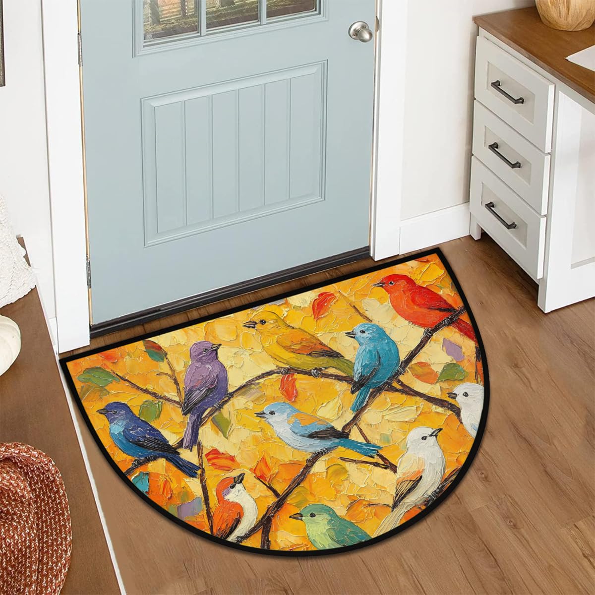 Pardick Bird Oil Painting Half Round Door Mat, Non-Slip Welcome Indoor Entrance Way Rug Semi Circle Front Doormats Washable Bathroom Kitchen Floor Mat, Outdoor Rugs for Garage, Patio, Hearth Rug
