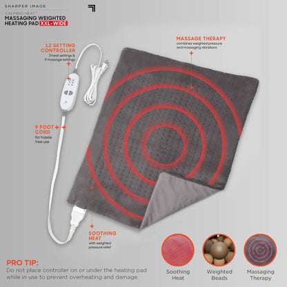 Calming Heat Massaging Weighted Heating Pad by Sharper Image- Electric Heating Pad with Massaging Vibrations, Auto-Off,12 Settings- 3 Heat, 9 Massage- 27 Relaxing Combinations, 12” x 24”, 4lbs