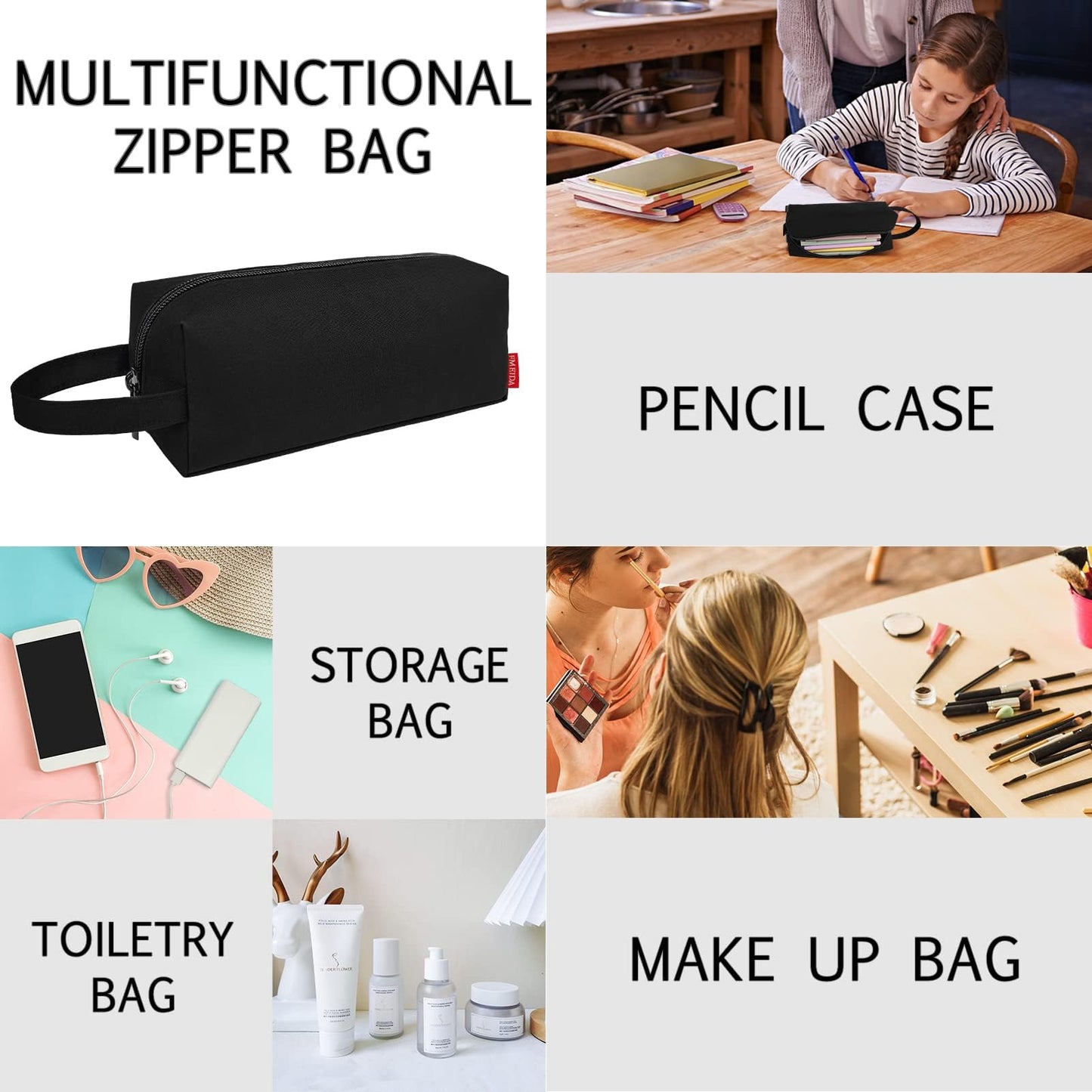 Fmeida Pencil Case Pouch - Water Resistant Pencil Pouch Portable Pencil Bag Simple Office Stationery Pouch with Handle Back to School Supplies - Black