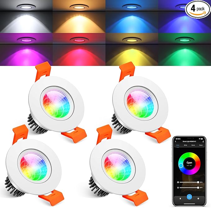 2 Inch Smart Recessed Lighting, 5W RGB WiFi LED Downlight, Dimmable RGB Color Changing & CCT 2700K–6500K, Compatible with Alexa & Google Home, 120V Round Recessed Ceiling Light with Driver (4 Pack)
