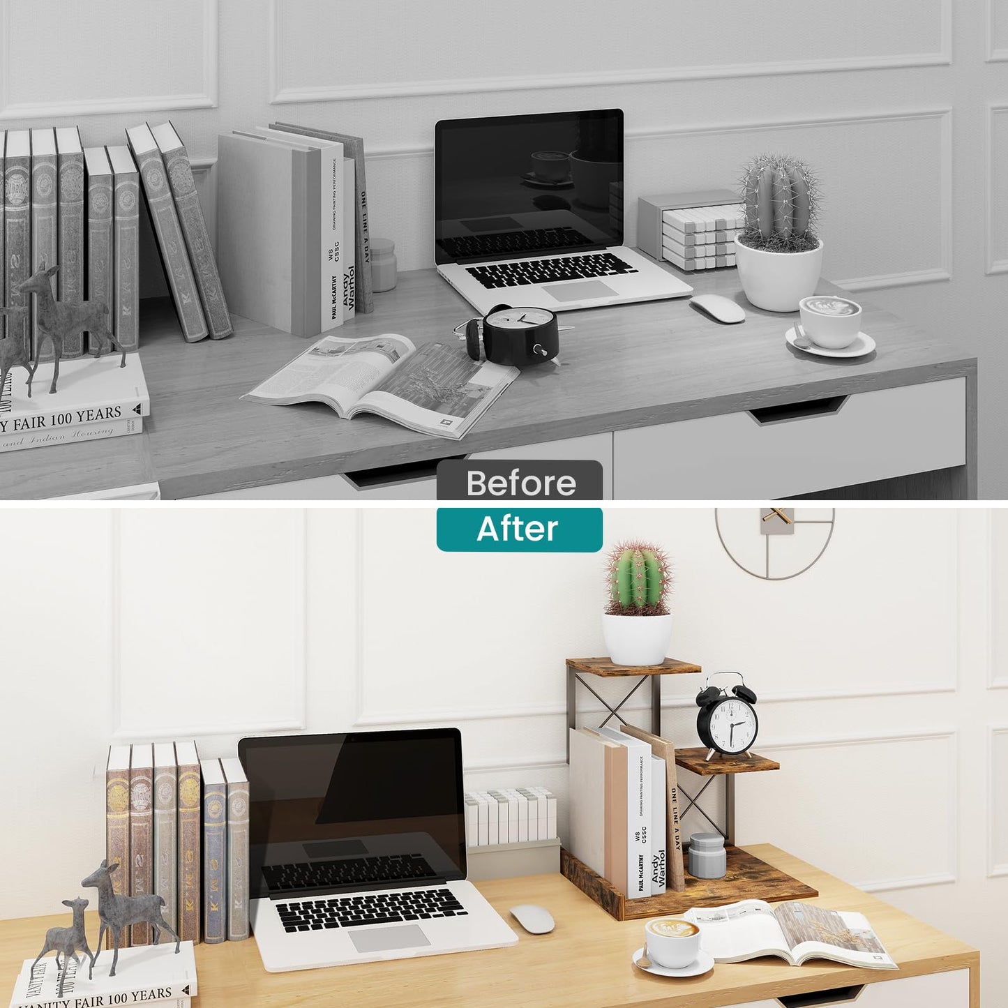 ELITEROO Desk Shelf Organizer, Wood Desktop Organizer Small Bookshelf, 3 Tier Storage Shelf Riser Display Stand for Office Decor and Desk Accessories, Rustic Brown Black