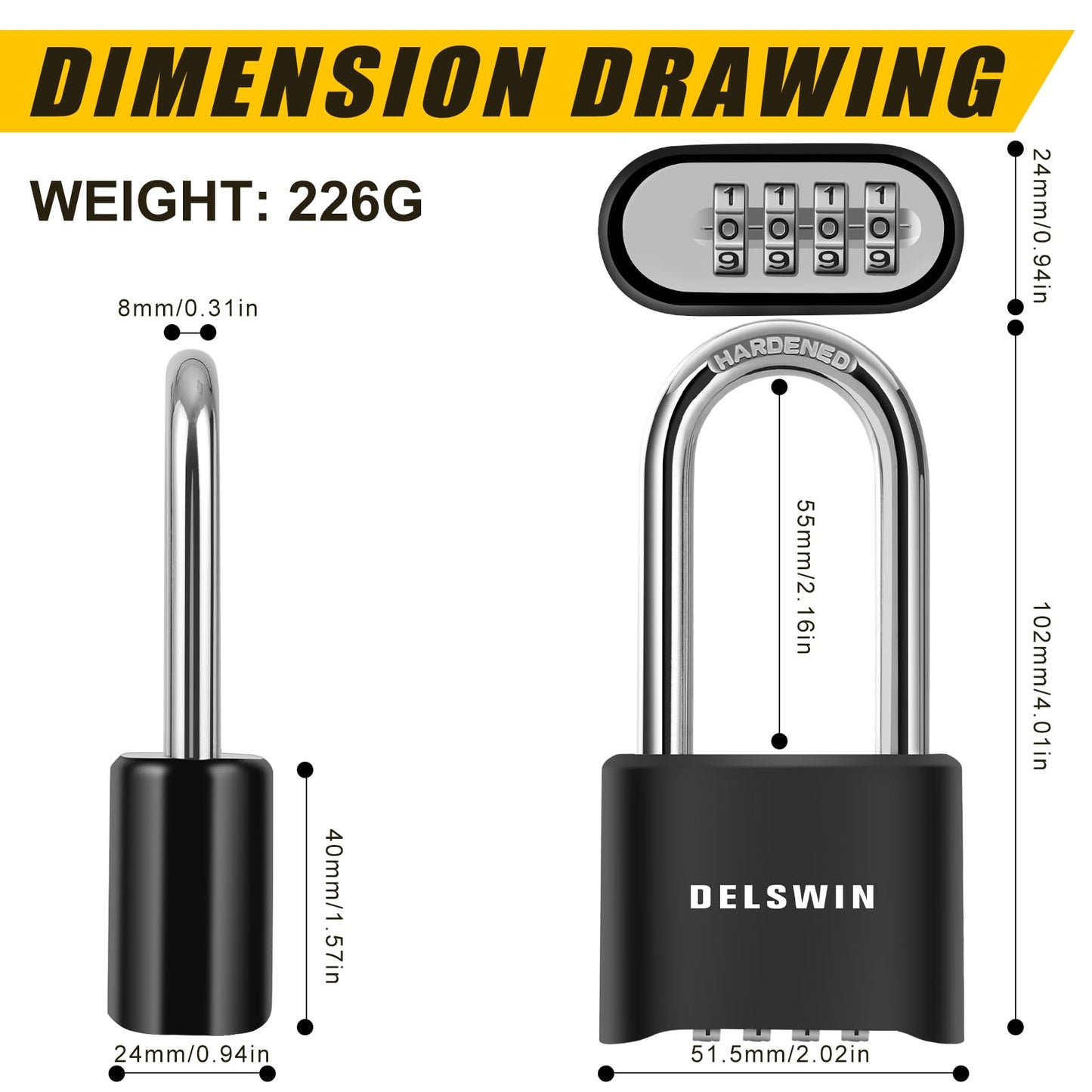 DELSWIN Combination Lock Outdoor Padlock - Weatherproof Extended 2-1/2 in. Long Shackle Combination Padlock for Gate, Shed, Trailers, and Sports Lockers(Black,2Pcs)