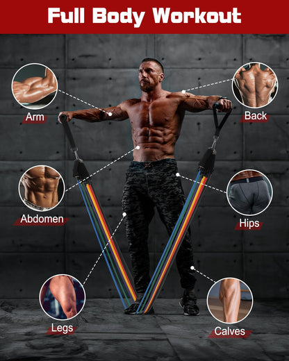 Fitense Resistance Bands Set Men 6PCS - Exercise Bands 270 LBS, Fitness Band with Handles/Door Anchor/Ankle Straps/Bag/Poster, Heavy Resistance Bands for Working Out & Shape Body at Home Gym