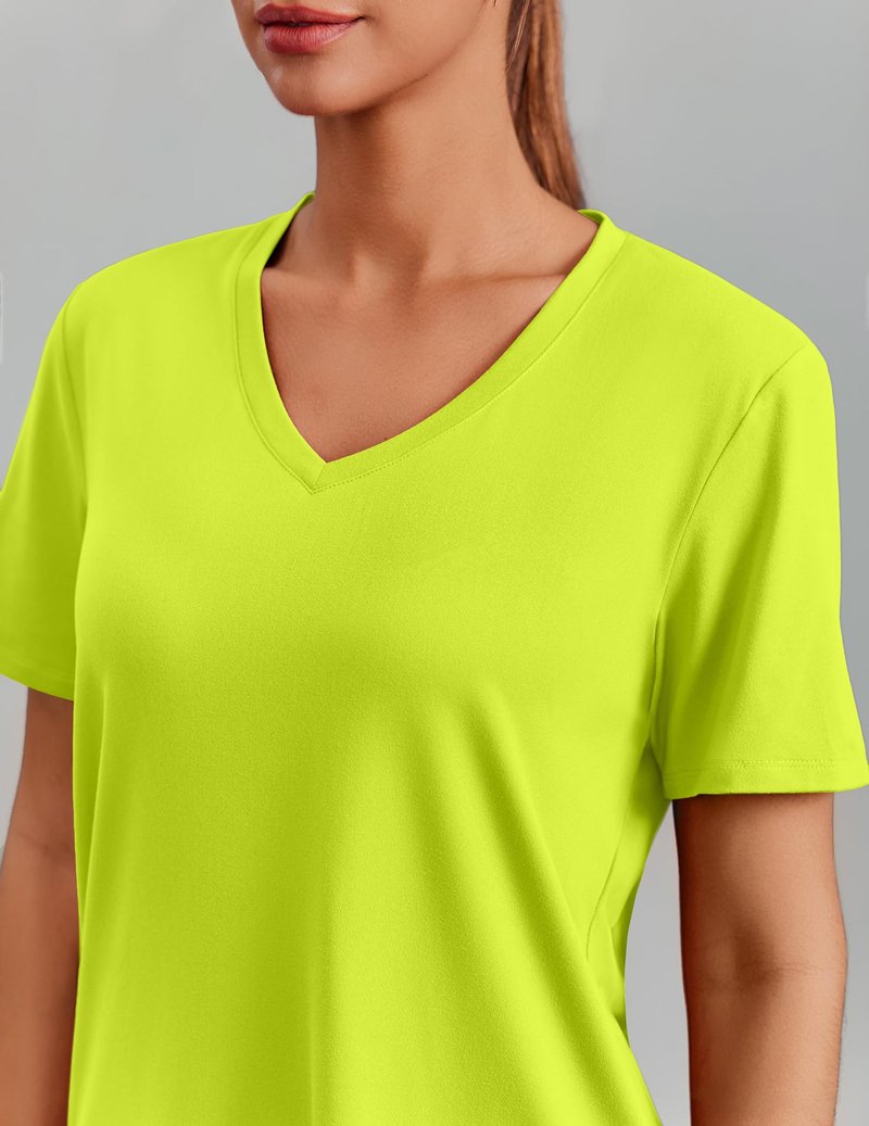 PINSPARK Tennis Shirts for Women Short Sleeve V Neck Moisture Wicking Workout Tops Quick Dry Athletic Gym Golf T-Shirts,Neon Green X-Large