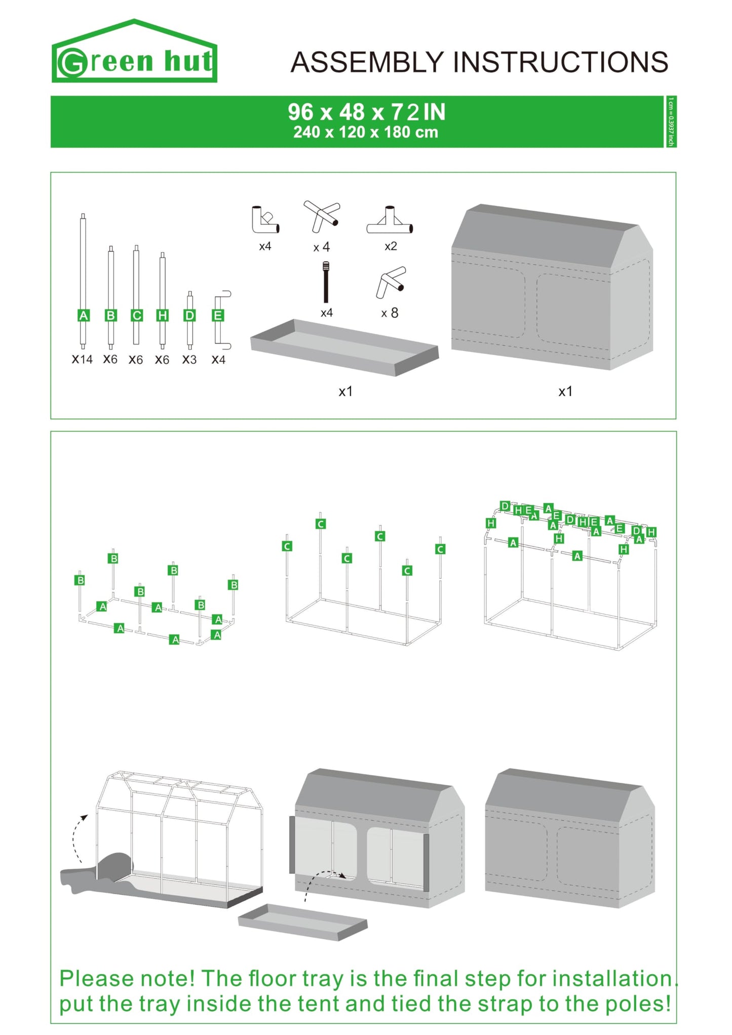 Green Hut 96"x48"x72" Roof Cube Grow Tent with Observation Windows, Lightproof, Mylar Hydroponic Tent with Floor Tray for Indoor Plant Growth