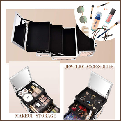 Joligrace Rose Gold Makeup Box Vanity Case Cosmetic Organiser Case Travel Make Up Case Beauty Box with Mirror, 2 Trays, Lockable, Size: 19.5 x 15 x 16cm