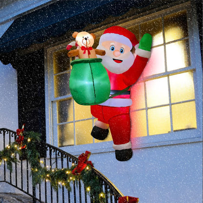 BLOWOUT FUN 4FT Christmas Inflatable Hanging Santa with Gift Bag Decorations, Blow Up Climbing Santa with Build-in LED for Xmas Party, Outdoor, Yard, Garden, Lawn Winter Decoration