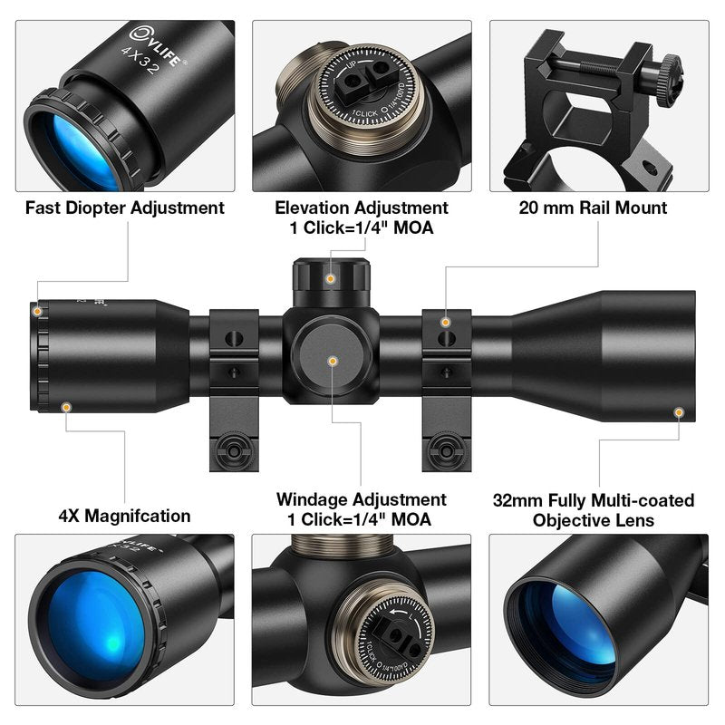 CVLIFE 4x32 Compact Rifle Scope Crosshair Optics Hunting Scope with 20mm Mounts