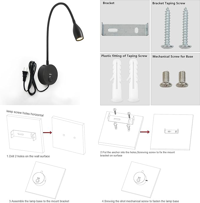 Dimmable Reading Light Plug in Wall Mounted Bedside Headboard Reading Light Task Directional Gooseneck LED Light 3W Output (Black, 120V Plug in, Warm White)