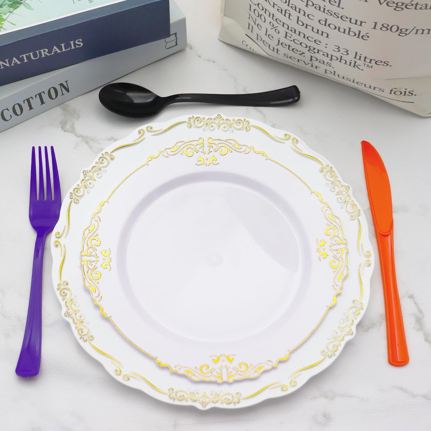 153 Pcs Halloween Plastic Silverware Heavy Duty Disposable Tableware Sets Includes Spoons Forks Knives for Halloween Party Supplies (Black Orange Purple)