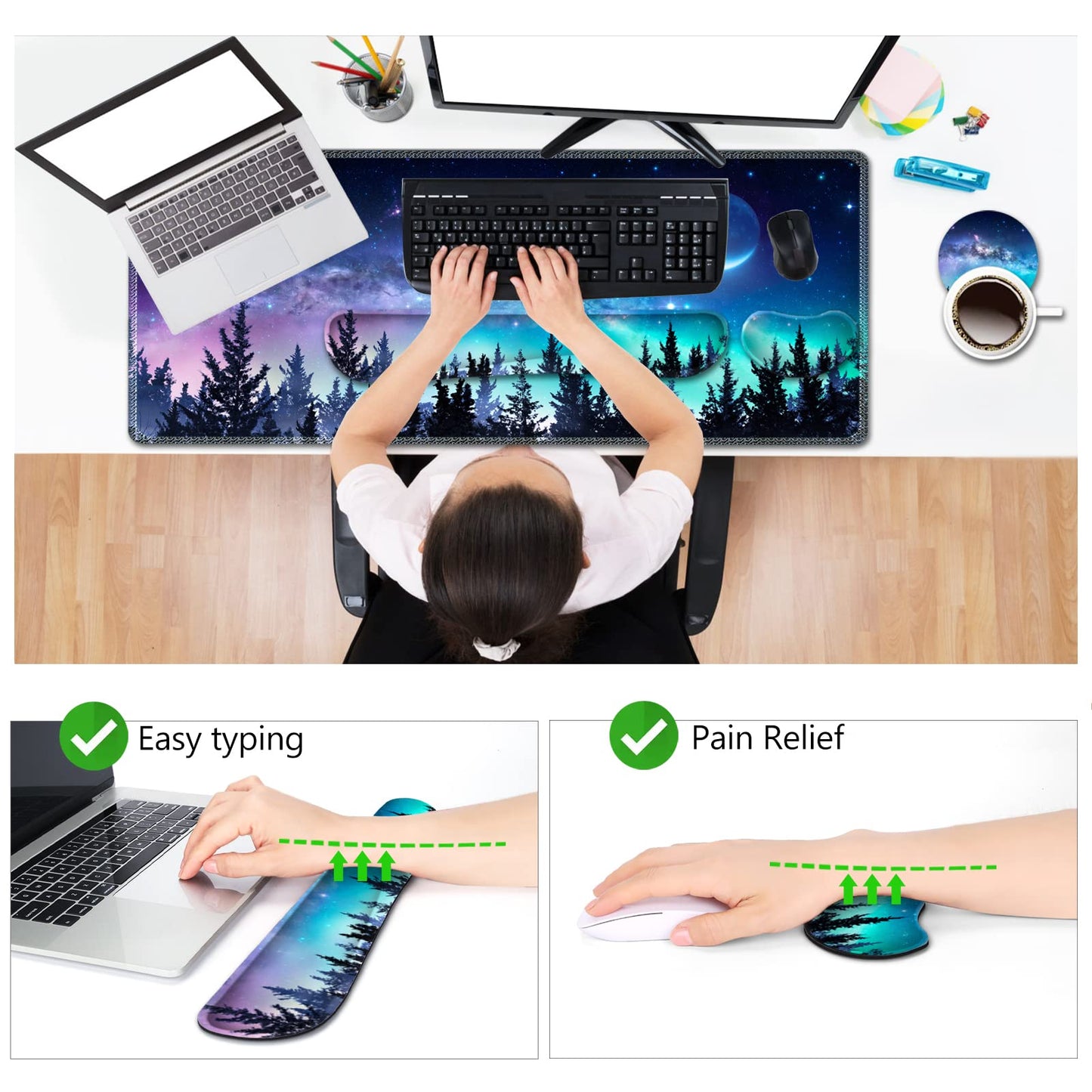 AIMSA Large Gaming Mouse Pad Set, Keyboard Wrist Rest Support + Extended Mouse Pad + Mouse Wrist Cushion + Coaster, Ergonomic Memory Foam Multifunctional Desk Mat 35x15.7inch (Forest Moon Sky)