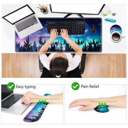 AIMSA Large Gaming Mouse Pad Set, Keyboard Wrist Rest Support + Extended Mouse Pad + Mouse Wrist Cushion + Coaster, Ergonomic Memory Foam Multifunctional Desk Mat 35x15.7inch (Forest Moon Sky)