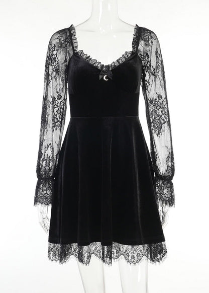 Goth Women Gothic Black Dress Dark V Neck Grunge Sexy Dress Aesthetic Autumn Vintage Long Sleeve Harajuku Mini Dress