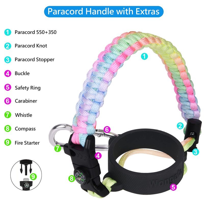 iLVANYA 2.0 Paracord Handle Compatible with Hydro Flask 2.0 Wide Mouth Water Bottle 12 oz 16 oz 18 oz 20 oz 32 oz 40 oz 64 oz，Perfect for Daily Walking Biking Hiking (Bright Rainbow)