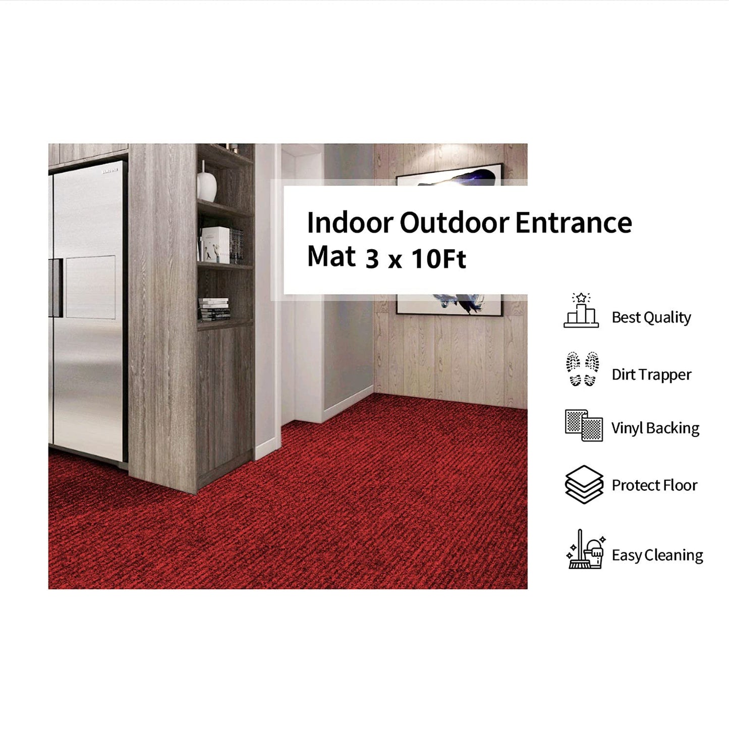 MYOYAY 3x10ft Brush Step Entrance Mat Heavy Duty, Commercial Grade Door Floor Mats Tough Entry Collection Slip Skid Entrance Mat with Rubber Backing Indoor Outdoor Rug Dark Red