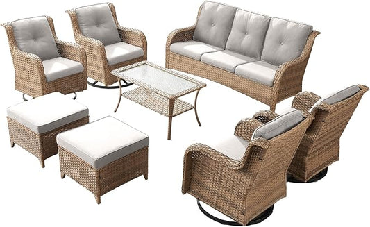 Patio Furniture Swivel Chairs Set - 8 Piece Wicker Rattan Outdoor Sectional Conversation Sets with 4 Swivel Rocking Chairs,2 Ottomans,1 Sofa and 1 Coffee Table for Porch Deck Garden(Yellow/Beige)