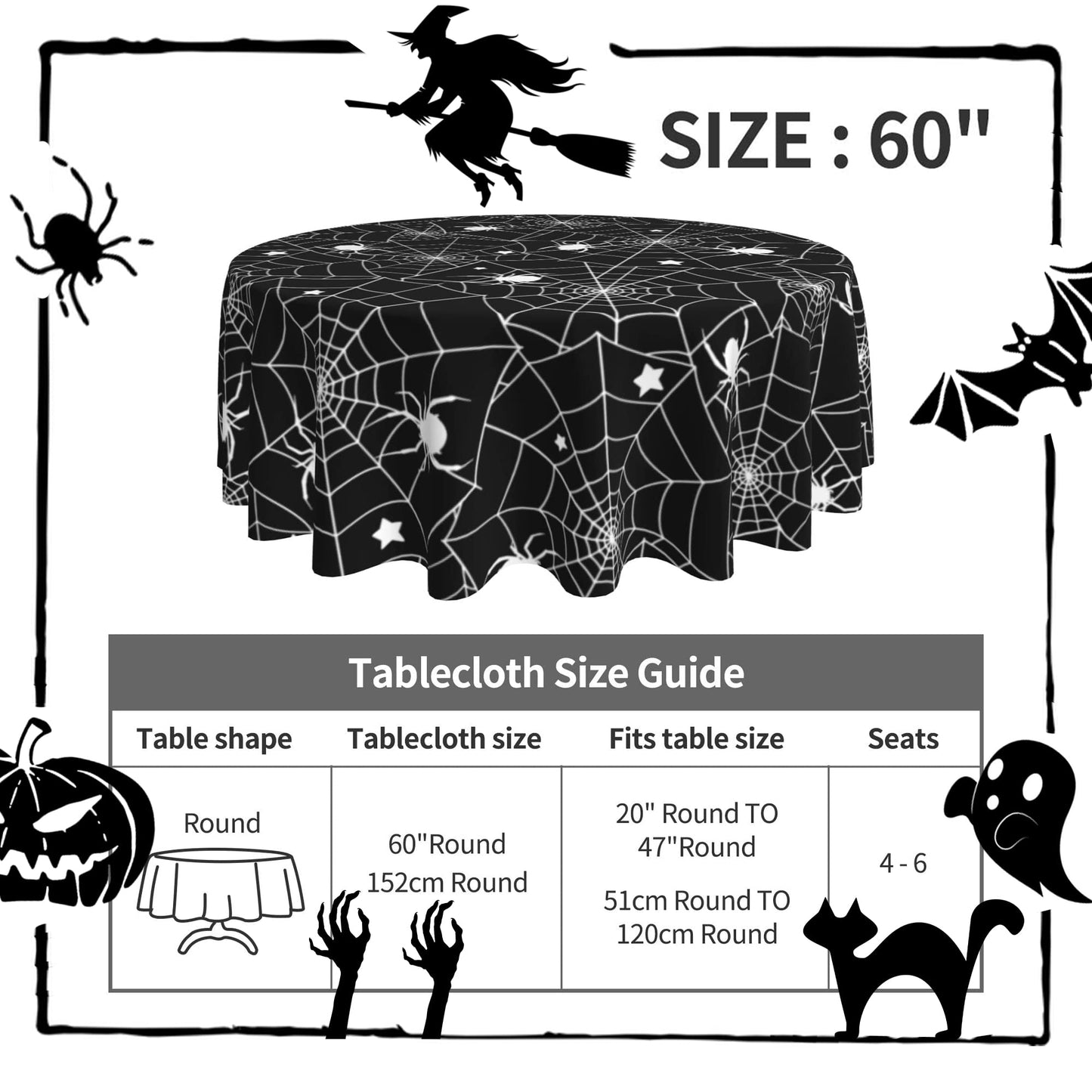 SuQKXCo Halloween Spider Web Round Tablecloth 60 Inch Stars Tablecover Anti-Wrinkle Waterproof Wipeable Table Cloth for Kitchen/Home Decoration