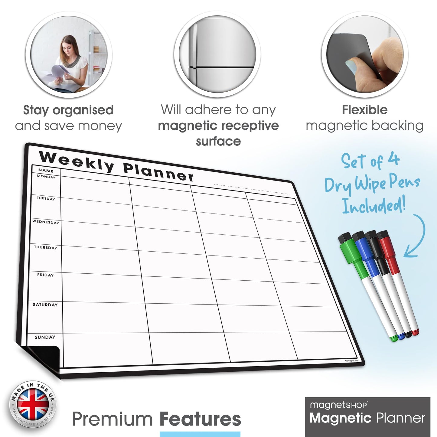 TMS A3 Magnetic Weekly Planner Whiteboard for Fridge | Dry Wipe Meal Planner, Calendar or Memo Board | Plan Family or Business Tasks | Dry Erase to Do List Magnet | with 4 Dry Erase Pens [30 x 42cm]