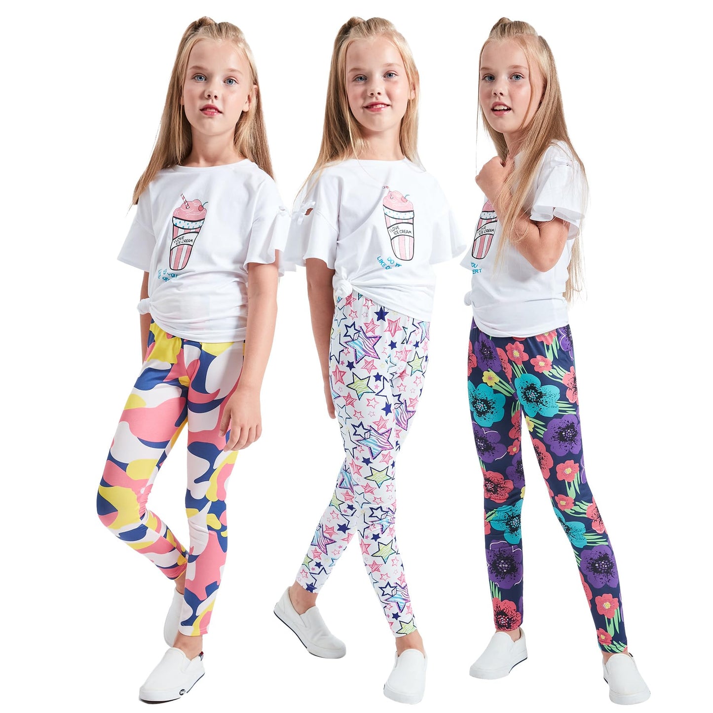 LUOUSE Girls Stretch Floral Printed Yoga Leggings Little Kids Skinny Dance Pants 3 Packs Sets Ankle Length Size 10T - 11T